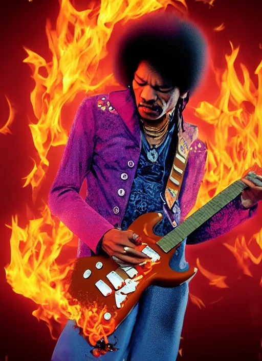 Prompt: jimi hendrix setting his guitar on fire on stage, photorealistic, 8 k resolution, octane render