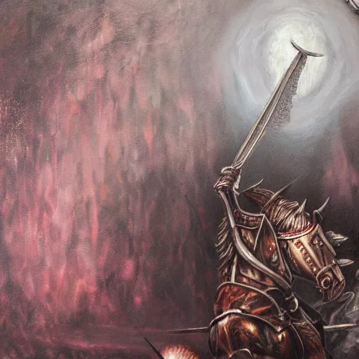 Image similar to knight's untimely demise, dark fantasy, oil painting, high detail