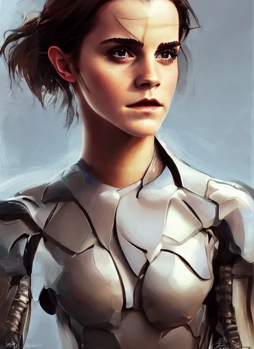 Image similar to fully body fashion model beautiful emma watson wearing military armor long dark hair beautiful bone structure symmetrical facial features intricate elegant digital painting concept art smooth sharp focus illustration,from Metal Gear by Ruan Jia and Mandy Jurgens by Artgerm by William-Adolphe Bouguerea