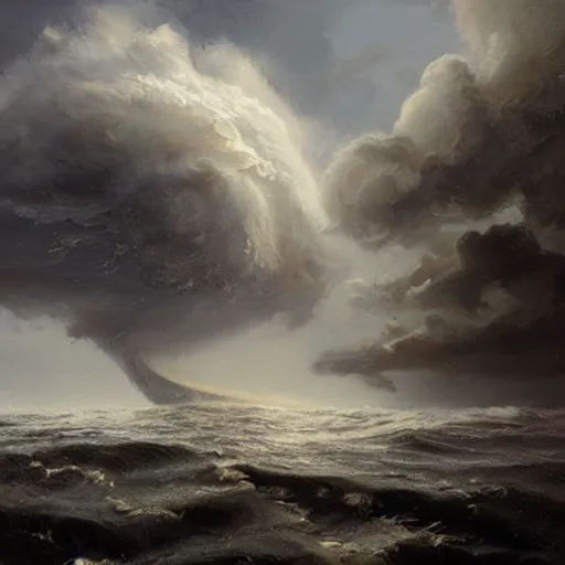 Prompt: floating island caught in a hurricane, oil painting, by greg rutkowski