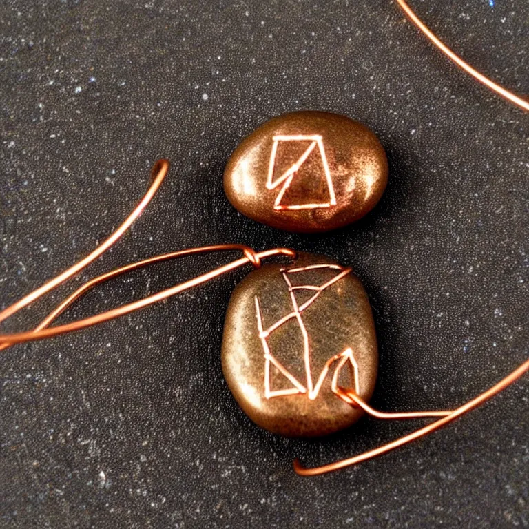 Prompt: photo of a pebble wrapped in copper wire. lots of copper wire! glowing runes drawn on pebble. extremely high details