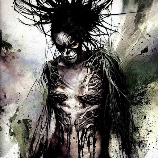 Image similar to emaciated ( the cure fan ) as dream from sandman, dim stars as eyes, by jeremy mann, by cedric peyravernay, by by russ mills, by richard avedon and ben templesmith, dramatic lightning, sadness, dark eye sockets, in the green shadows, punk rock, gothic, high detailed, 8 k