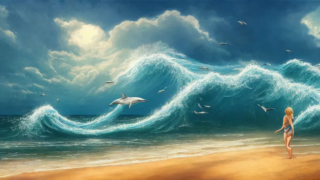 Image similar to first person view of breaking waves on the shore, summer, clear beautiful sky, bright sky, dolphins jumping and playing near the shore, peaceful, amazing, by andreas rocha and john howe, and Martin Johnson Heade, featured on artstation, featured on behance, golden ratio, ultrawide angle, f32, well composed