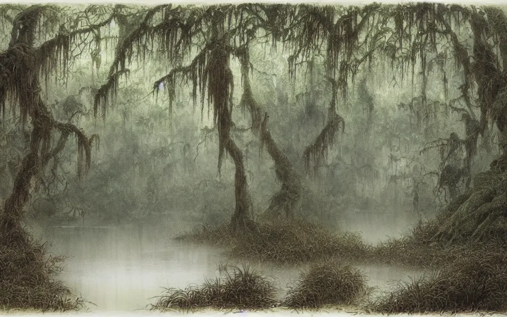 Prompt: a watercolour painting of a misty swamp by john blanche, alan lee, gustave dore, mangrove, spanish moss, fog, highly detailed, storybook illustration, coloured lithograph engraving