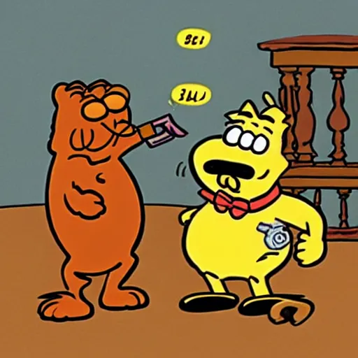 Image similar to garfield points a gun at odie, illustrated by jim davis