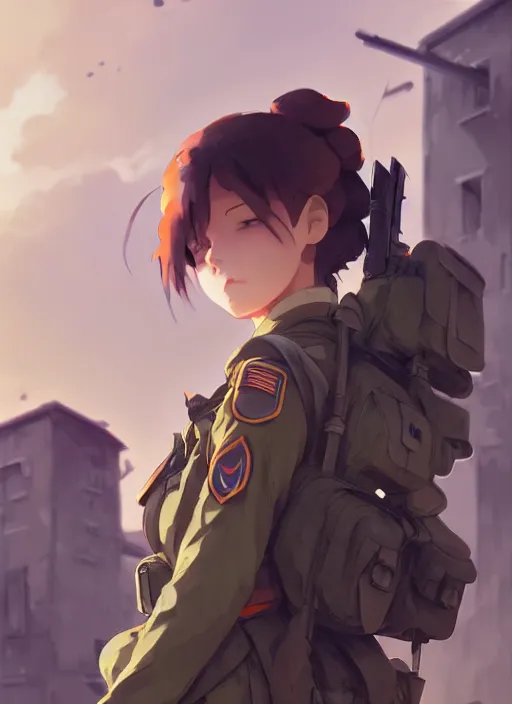 Image similar to portrait of cute soldier girl, smoky sky background urban landscape illustration concept art anime key visual trending pixiv fanbox by wlop and greg rutkowski and makoto shinkai and studio ghibli and kyoto animation soldier clothing military gear