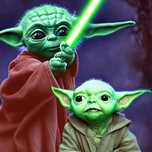 Image similar to baby yoda fighting baby Darth vader