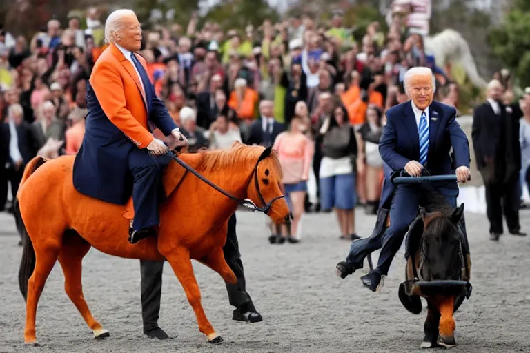Prompt: President Joe Biden riding an orange horse with face of Donald Trump, Reuters photo