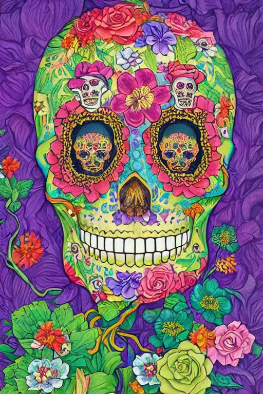 Image similar to illustration of a sugar skull day of the dead girl, art by raqib shaw