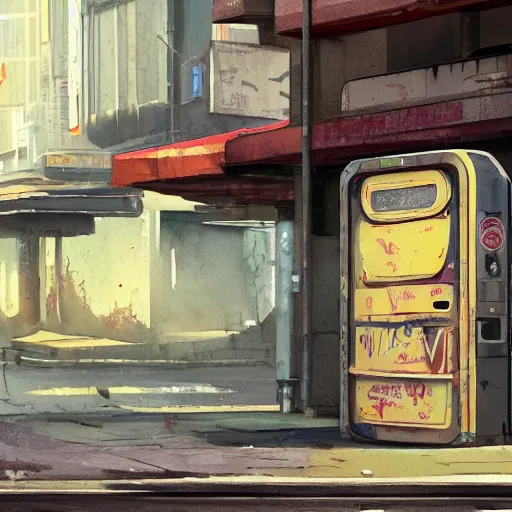 Image similar to incredible wide screenshot, ultrawide, simple watercolor, rough paper texture, ghost in the shell movie scene, backlit distant shot of girl in a parka running from a giant robot invasion side view, yellow parasol in deserted dusty shinjuku junk town, broken vending machines, bold graphic graffiti, old pawn shop, bright sun bleached ground, mud, fog, dust, windy, scary robot monster lurks in the background, ghost mask, teeth, animatronic, black smoke, pale beige sky, junk tv, texture, brown mud, dust, tangled overhead wires, telephone pole, dusty, dry, pencil marks, genius party,shinjuku, koji morimoto, katsuya terada, masamune shirow, tatsuyuki tanaka hd, 4k, remaster, dynamic camera angle, deep 3 point perspective, fish eye, dynamic scene