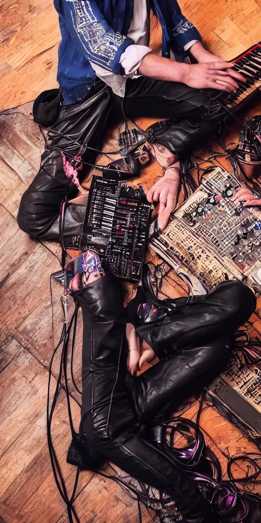 Prompt: photo of a gypsy musician wearing leather trousers, playing electronic music on his Yamaha synthesizer, full body shot, synthwave, expressive,