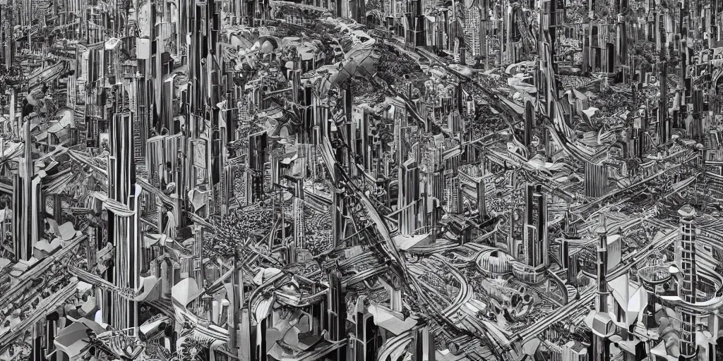 Image similar to cinematic high contrast graphic illustration of hyper detailed highway realistic afro futurist city blocks in a jungle by frank lloyd wright architect, helicopters, wide angle, insanely detailed and intricate