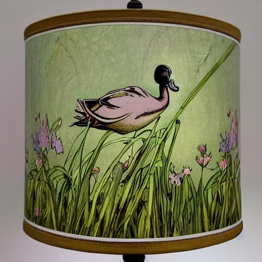 Image similar to beautiful victorian art nouveau duck lampshade, river reeds duckweeds, mucha kilian eng