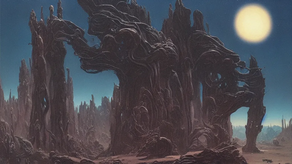 Prompt: eerie atmospheric evolving alien planet by gerald brom and vincent di fate, epic cinematic matte painting