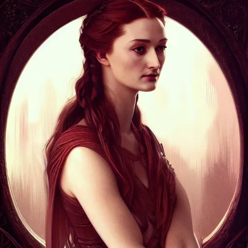 Image similar to portrait of sansa stark dark queen, intricate, elegant, highly detailed, digital painting, artstation, concept art, smooth, sharp focus, illustration, art by artgerm and greg rutkowski and alphonse mucha and william - adolphe bouguereau