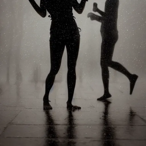 Prompt: portrait of mannequin dancing in the rain, cinematic light and reflections, beautiful dreamy lighting,