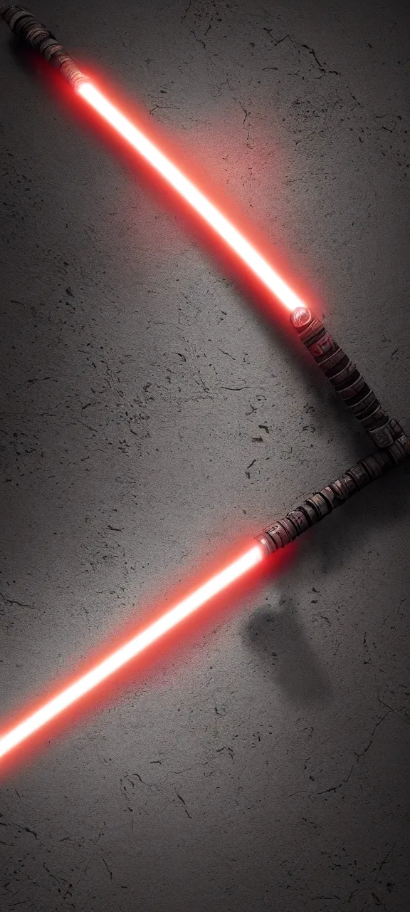 Image similar to ultra - detailed cinematic render, of a lightsaber, on a stone, lit up in a dark room, octane render, high quality, digital art, 8 k, jedi fallen order ligthsaber, volumetric lighting