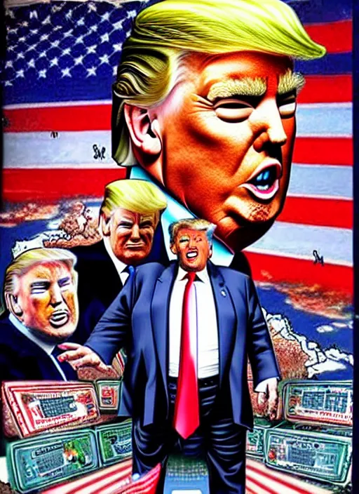 Prompt: david dees conspiracy image featuring donald trump and nuclear waste, hyper detailed