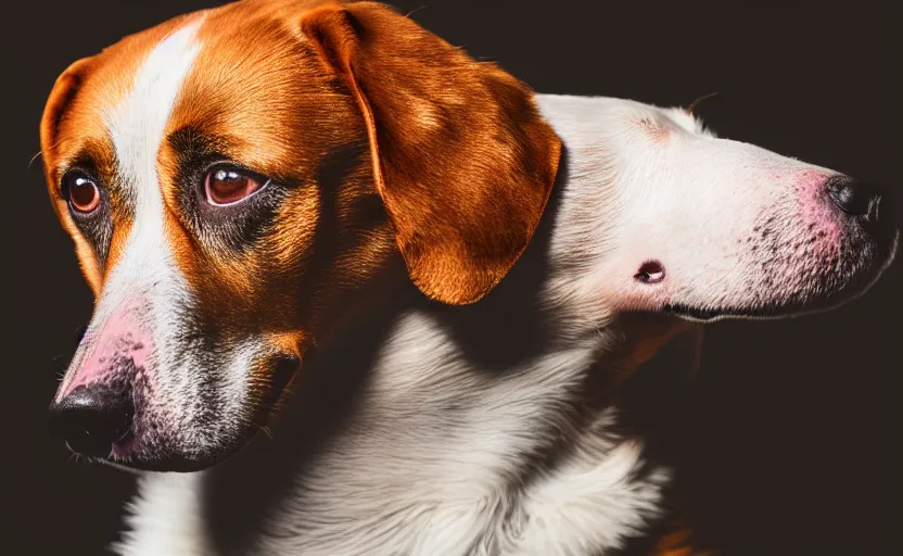 Image similar to studio photography of a dog wearing a woolen sweater, detailed face, cinematic lighting, 8 k