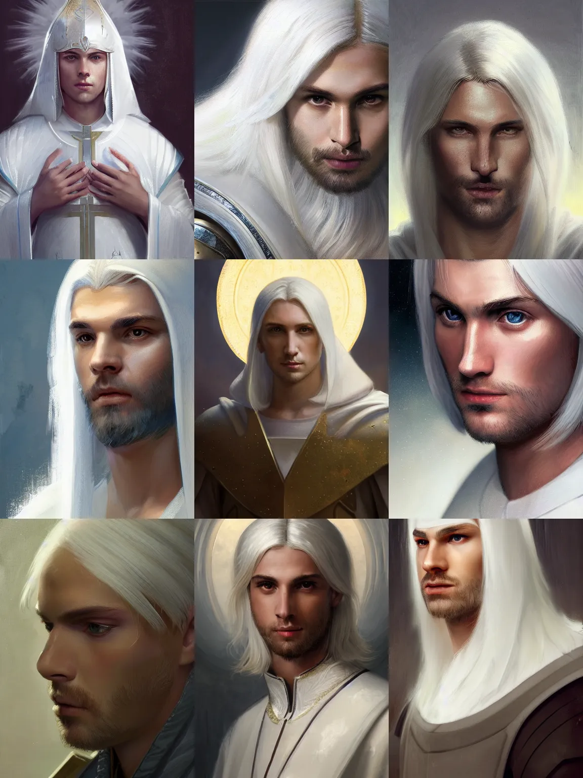 Prompt: closeup portrait of a young beautiful calm and pious male aasimar paladin halo above head with medium length white hair wearing white vestments under armor, pensive and hopeful expression, illustration, painterly, WLOP, Greg Rutkowski, intricate, masterpiece, sharp, 8k