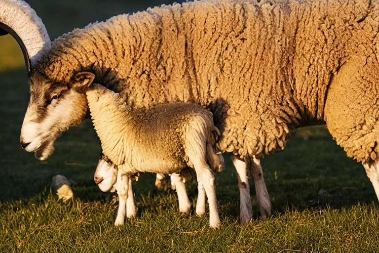 Image similar to sheep eating a wolf, national geographics, golden hour, beautiful, 6 0 0 mm