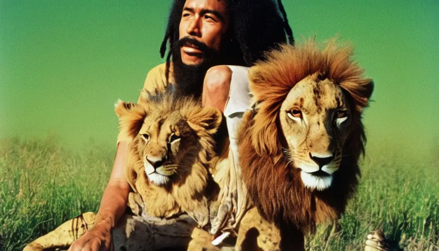Prompt: 7 0 s film still from a movie about a rastafarian and his pet lion, kodachrome, cinecolor, cinestill, film grain, film texture, retro, cinematic, high resolution, photorealism,