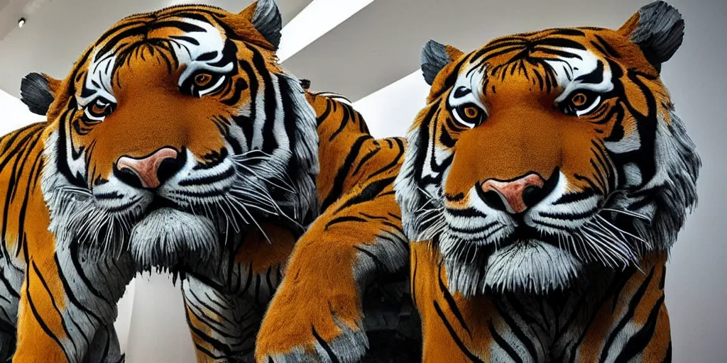 Image similar to a detailed photo of Cisewu tiger statue but displayed in a modern art museum, national geographic photo