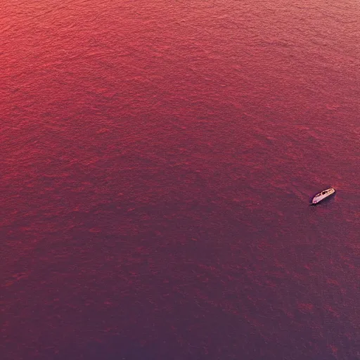 Image similar to a lonely boat floating in the turbulent red ocean, tsunami, fierce huge waves, dangerous depressing atmosphere, dark tone, illustration, aerial view, evil