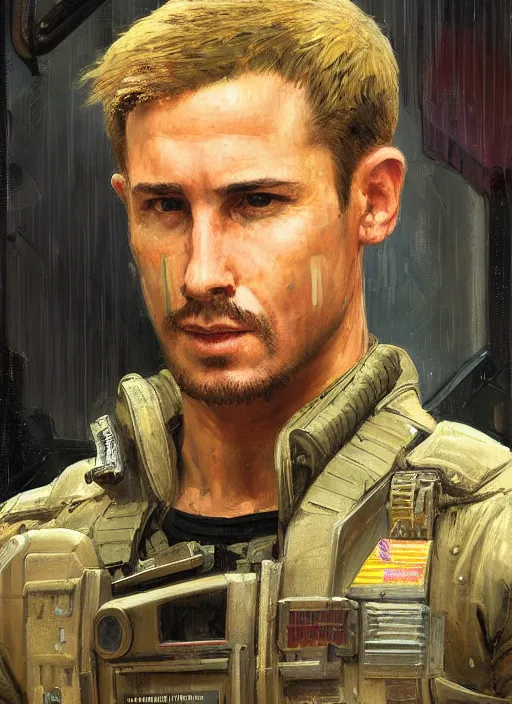 Prompt: bob stubbins. cyberpunk USN marine wearing a military vest and combat gear. (Cyberpunk 2077, bladerunner 2049, rb6s). Round face. Iranian orientalist portrait by john william waterhouse and Edwin Longsden Long and Theodore Ralli and Nasreddine Dinet, oil on canvas. Cinematic, hyper realism, realistic proportions, dramatic lighting, high detail 4k