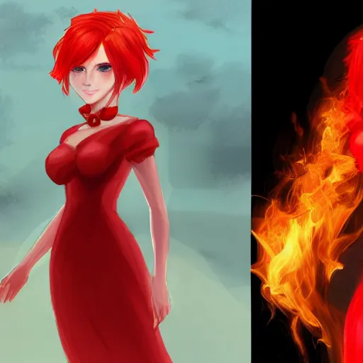 Prompt: a goddess with red hair and red dress with a fire aura, trending on artstation