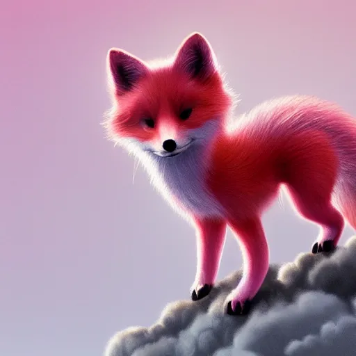 Prompt: a photorealistic pink fox sitting on a cloud