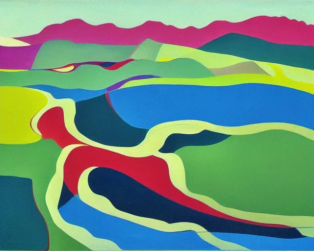 Image similar to A wild, insane, modernist landscape painting. Wild energy patterns rippling in all directions. Curves, organic, zig-zags. Saturated color. Mountains. Clouds. Rushing water. Wayne Thiebaud.