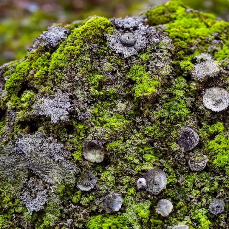 Image similar to a lichens and moss close-up various fungus, mushrooms and plants, Atmospheric phenomenon, artistic photography, muted colors, conceptual, long exposure outside the city