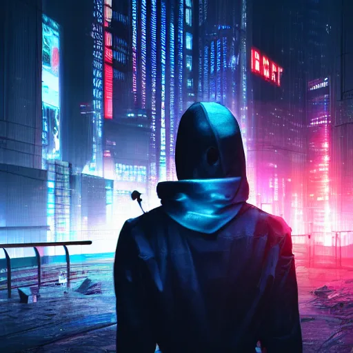 Prompt: cyberpunk hacker shot from behind in new york city dark hyper realistic 8k cinematic octane 3D