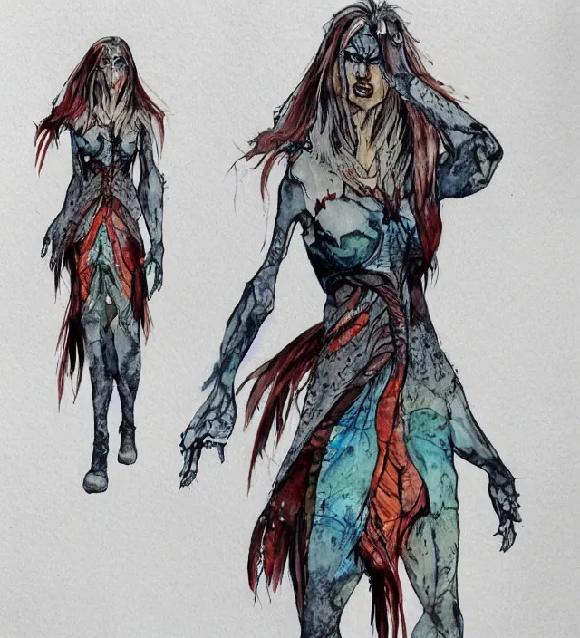 Image similar to a 3 / 4 view watercolor ink painting of a post - apocalyptic mutant sorcerer wearing a dress trending on artstation deviantart pinterest detailed realistic hd 8 k high resolution