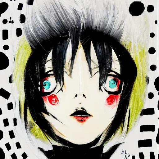 Prompt: Three quarter angle Yoshitaka Amano style portrait of an anime girl with short white hair and black eyes wearing tuxedo with patterns, abstract black and white background, film grain effect, highly detailed, oil painting, expressive brush strokes