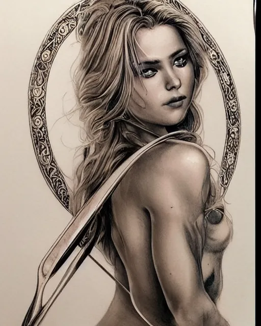 Image similar to tattoo sketch of beautiful greek goddess aphrodite, bow and arrow, beautiful piercing eyes, flowing blonde hair, realistic face, hyper realistic, in the style of greg rutkowski, fantasy, amazing detail, epic, intricate, elegant, smooth, sharp focus