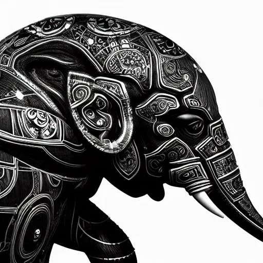 Image similar to futuristic elephant head, symmetrical, futuristic ganesha, intricate black shaman ornaments, black oak patterns, iridescent reflection, robotic ganesha head, mecha - elephant, white backround, graphic design, black white greys and red color, subsurface scattering, cyberpunk, unreal engine, octane render, cgsociety, artstation