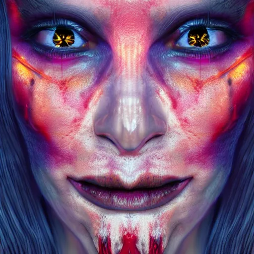 Image similar to photorealistic devil woman. hyperdetailed photorealism, 1 0 8 megapixels, amazing depth, high resolution, 3 d shading, 3 d finalrender, 3 d cinematic lighting, glowing rich colors, psychedelic overtones, artstation concept art.