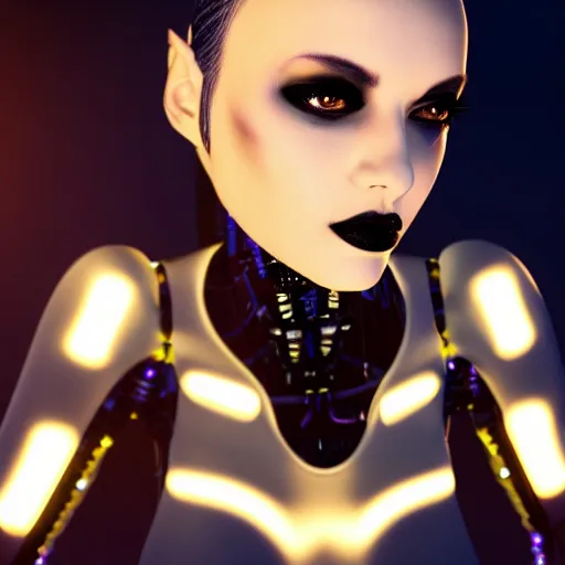 Image similar to an immaculate octane redshift high key lighting headshot rendering of an attractive curvy cybernetic goth woman with embedded LEDs, a cybernetic eye, and an exoskeleton.