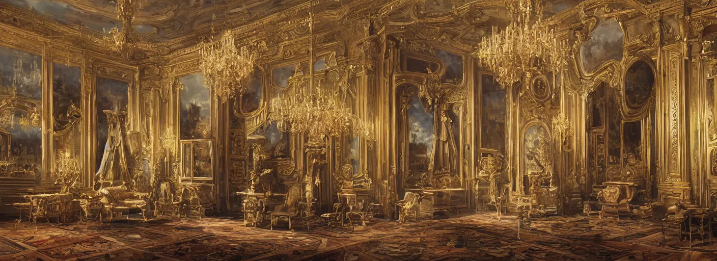 Prompt: 8 k highly detailed oil matte painting by charles landelle of an art gallery wall with many oil paintings, decadent throne room, ornate furniture, ornate french architecture, futuristic chandeliers