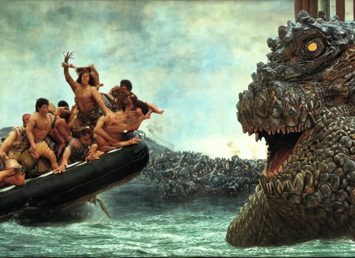 Prompt: godzilla attacking the raft of the medusa, painting by lawrance alma - tadema, by roger corman, 4 k, hyper - realistic, highly detailed