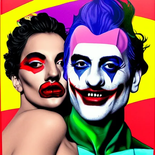 Image similar to richard hamilton and mimmo rottela as lady gaga harley queen and joaquin phoenix joker kissing, pop art, medium long shot, 2 color, justify content center, object details, dynamic composition, 4 k, ultra realistic art, smooth, sharp focus, illustration, concept art, intricate details, h 7 6 8