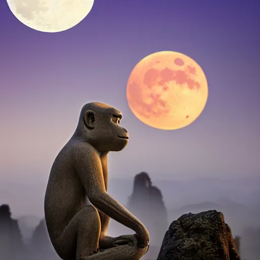 Prompt: photo of a meditating monkey on a chinese stone forest at night with the giant moon begind,