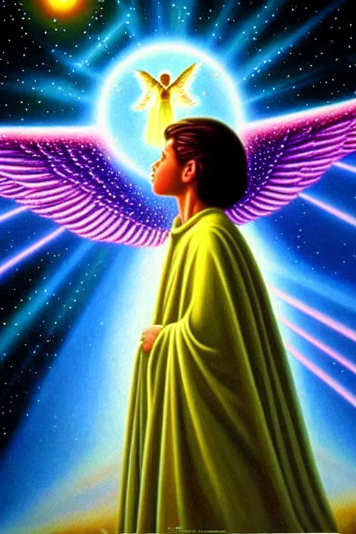 Prompt: a beautiful photorealistic render of an angel gazing into infinity, artificial intelligence seeding humanity, miraculous, spiritual science, divinity, utopian, heaven on earth by lisa frank, david a. hardy, wpa, public works mural, socialist