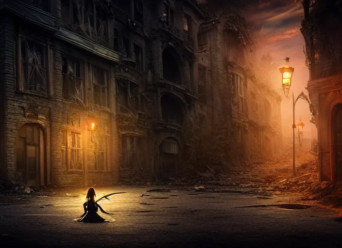 Image similar to streets of an abandoned city at night with a lone elven woman warrior sitting in the corner. Fantasy magic horror style. Highly detailed 8k. Intricate. Nikon d850 55mm. Award winning photography.