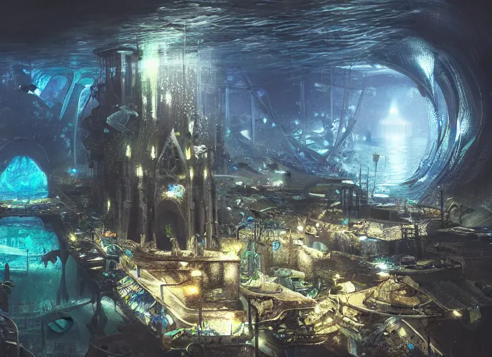 Image similar to favela spaceship cathedral, underwater environment, sorcery, scenery, professional, award - winning, trending on artstation, hyper detailed, realistic, beautiful, emotional, shiny, romantic, picture