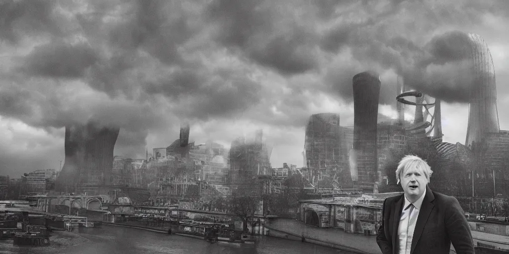 Image similar to a portrait of Boris Johnson standing in front a nuclear landscape of the southbank centre in london, the london eye and big ben are still standing, collapsed brutalist architecture, groups of human figures stagger amongst the ruins, fog, dust atmosphere, brooding clouds, mushroom cloud, detailed, 4k