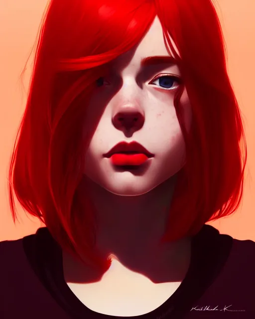 Image similar to a detailed portrait of a beautiful! woman with red hair and freckles by ilya kuvshinov, digital art, dramatic lighting, dramatic angle