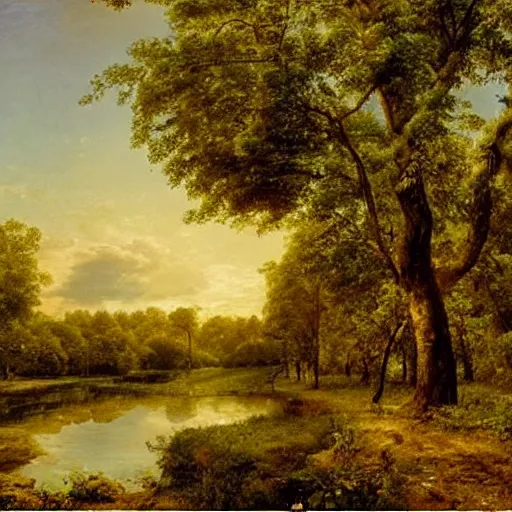 Image similar to tropical fruit trees and white milk river, wide shot, golden hour, landscape painting by ivan shishkin